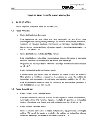 ND-3.1 5-1
Classificação: Público
TIPOS DE REDE E CRITÉRIOS DE APLICAÇÃO
1) TIPOS DE REDES
São os seguintes os tipos de redes em uso na CEMIG:
1.1) Redes Primárias
a. Redes de Distribuição Compacta
Esta modalidade de rede utiliza um cabo mensageiro de aço 9,5mm para
sustentação do(s) cabo(s) fase(s) coberto(s) por meio de espaçadores poliméricos,
instalados em intervalos regulares determinados nas normas de instalação básica.
Os padrões de instalação básica referente a esse tipo de rede estão estabelecidos
nas ND - 2.9 e ND - 2.10.
b. Redes de Distribuição Isoladas de Média Tensão:
Esta modalidade de rede utiliza três condutores isolados, blindados, e espinados
em torno de um cabo mensageiro de aço 9,5mm de sustentação.
Os padrões de instalação básica referente a esse tipo de rede estão estabelecidos
na ND – 2.7.
c. Redes de Distribuição Aéreas Convencionais:
Caracterizam-se por utilizar cabos de alumínio nus sobre cruzetas de madeira,
fibra, plástico e metálicos e isoladores de porcelana ou vidro. Os padrões de
instalações básicas desse tipo de rede estão estabelecidos nas ND - 2.1 e ND - 2.4.
Esta modalidade de rede não deve ser construída em área urbana, permitindo o
uso de cabos nus apenas para reparo.
1.2) Redes Secundárias:
a. Redes Convencionais de Baixa Tensão:
Rede secundária com cabos de alumínio nus em disposição vertical, equipamentos,
iluminação pública (IP), ramal de ligação e medição. Os padrões de instalações
básicas referentes a esse tipo de rede estão estabelecidos nas ND’s 2.1 e 2.4.
b. Redes Isoladas de Baixa Tensão:
Rede secundária com cabos isolados multiplexados, equipamentos, iluminação
pública (IP), ramal de ligação e medição. Os padrões de instalações básicas
referentes a esse tipo de rede estão estabelecidos nas ND 2.7.
 
