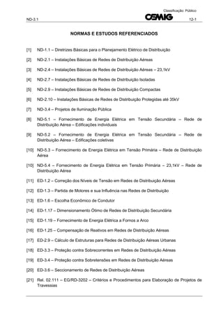 ND-3.1 12-1
Classificação: Público
NORMAS E ESTUDOS REFERENCIADOS
[1] ND-1.1 – Diretrizes Básicas para o Planejamento Elétrico de Distribuição
[2] ND-2.1 – Instalações Básicas de Redes de Distribuição Aéreas
[3] ND-2.4 – Instalações Básicas de Redes de Distribuição Aéreas – 23,1kV
[4] ND-2.7 – Instalações Básicas de Redes de Distribuição Isoladas
[5] ND-2.9 – Instalações Básicas de Redes de Distribuição Compactas
[6] ND-2.10 – Instalações Básicas de Redes de Distribuição Protegidas até 35kV
[7] ND-3.4 – Projetos de Iluminação Pública
[8] ND-5.1 – Fornecimento de Energia Elétrica em Tensão Secundária – Rede de
Distribuição Aérea – Edificações individuais
[9] ND-5.2 – Fornecimento de Energia Elétrica em Tensão Secundária – Rede de
Distribuição Aérea – Edificações coletivas
[10] ND-5.3 – Fornecimento de Energia Elétrica em Tensão Primária – Rede de Distribuição
Aérea
[10] ND-5.4 – Fornecimento de Energia Elétrica em Tensão Primária – 23,1kV – Rede de
Distribuição Aérea
[11] ED-1.2 – Correção dos Níveis de Tensão em Redes de Distribuição Aéreas
[12] ED-1.3 – Partida de Motores e sua Influência nas Redes de Distribuição
[13] ED-1.6 – Escolha Econômico de Condutor
[14] ED-1.17 – Dimensionamento Ótimo de Redes de Distribuição Secundária
[15] ED-1.19 – Fornecimento de Energia Elétrica a Fornos a Arco
[16] ED-1.25 – Compensação de Reativos em Redes de Distribuição Aéreas
[17] ED-2.9 – Cálculo de Estruturas para Redes de Distribuição Aéreas Urbanas
[18] ED-3.3 – Proteção contra Sobrecorrentes em Redes de Distribuição Aéreas
[19] ED-3.4 – Proteção contra Sobretensões em Redes de Distribuição Aéreas
[20] ED-3.6 – Seccionamento de Redes de Distribuição Aéreas
[21] Rel. 02.111 – EG/RD-3202 – Critérios e Procedimentos para Elaboração de Projetos de
Travessias
 