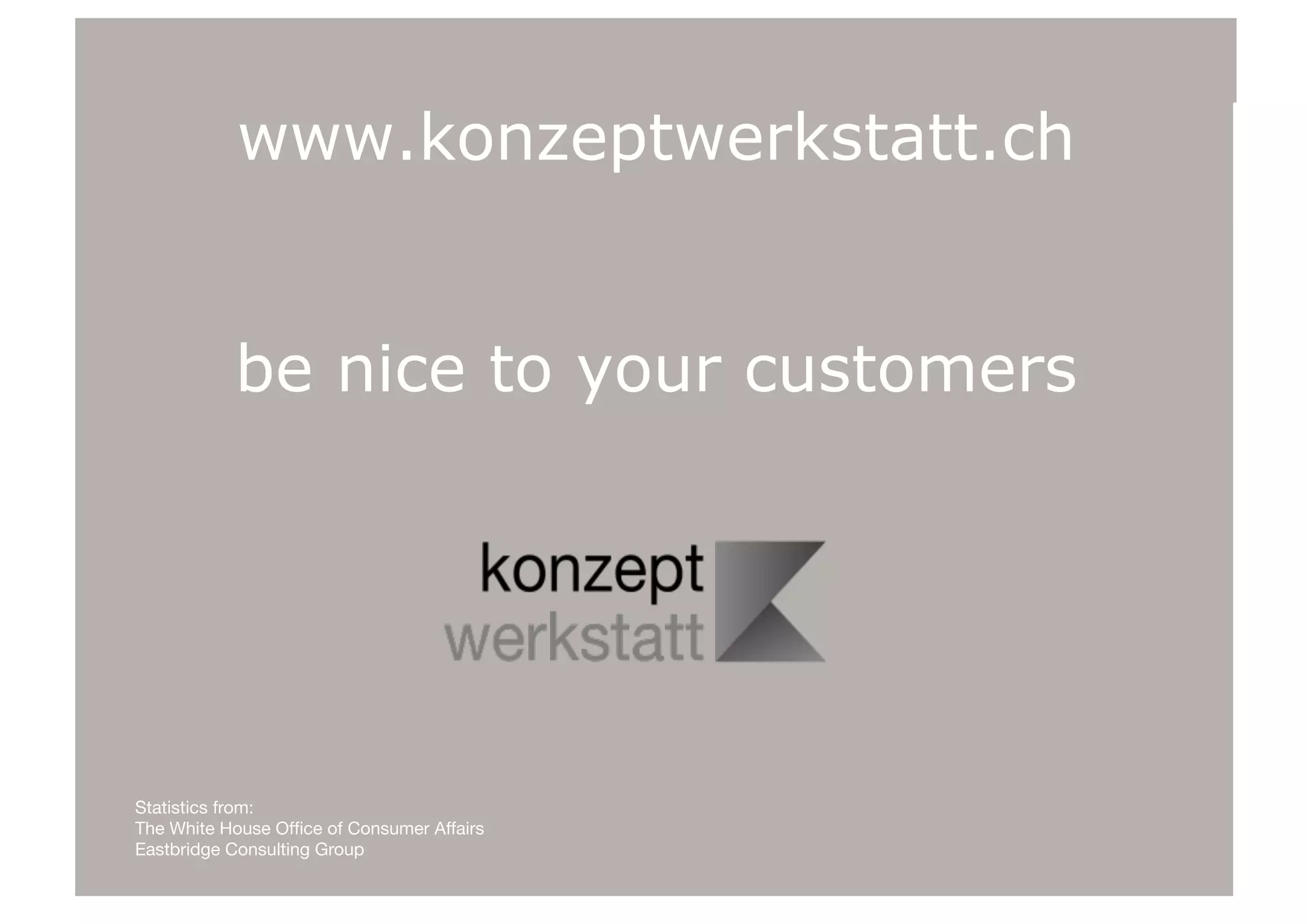 www.konzeptwerkstatt.ch
be nice to your customers
Statistics from:
The White House Office of Consumer Affairs
Eastbridge Consulting Group