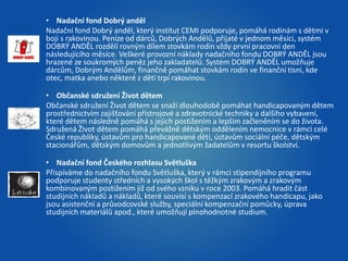 • Nadační fond Dobrý anděl 
Nadační fond Dobrý anděl, který institut CEMI podporuje, pomáhá rodinám s dětmi v 
boji s rakovinou. Peníze od dárců, Dobrých Andělů, přijaté v jednom měsíci, systém 
DOBRÝ ANDĚL rozdělí rovným dílem stovkám rodin vždy první pracovní den 
následujícího měsíce. Veškeré provozní náklady nadačního fondu DOBRÝ ANDĚL jsou 
hrazené ze soukromých peněz jeho zakladatelů. Systém DOBRÝ ANDĚL umožňuje 
dárcům, Dobrým Andělům, finančně pomáhat stovkám rodin ve finanční tísni, kde 
otec, matka anebo některé z dětí trpí rakovinou. 
• Občanské sdružení Život dětem 
Občanské sdružení Život dětem se snaží dlouhodobě pomáhat handicapovaným dětem 
prostřednictvím zajišťování přístrojové a zdravotnické techniky a dalšího vybavení, 
které dětem následně pomáhá s jejich postižením a lepším začleněním se do života. 
Sdružená Život dětem pomáhá převážně dětským oddělením nemocnice v rámci celé 
České republiky, ústavům pro handicapované děti, ústavům sociální péče, dětským 
stacionářům, dětským domovům a jednotlivým žadatelům v resortu školství. 
• Nadační fond Českého rozhlasu Světluška 
Přispíváme do nadačního fondu Světluška, který v rámci stipendijního programu 
podporuje studenty středních a vysokých škol s těžkým zrakovým a zrakovým 
kombinovaným postižením již od svého vzniku v roce 2003. Pomáhá hradit část 
studijních nákladů a nákladů, které souvisí s kompenzací zrakového handicapu, jako 
jsou asistenční a průvodcovské služby, speciální kompenzační pomůcky, úprava 
studijních materiálů apod., které umožňují plnohodnotné studium. 
 