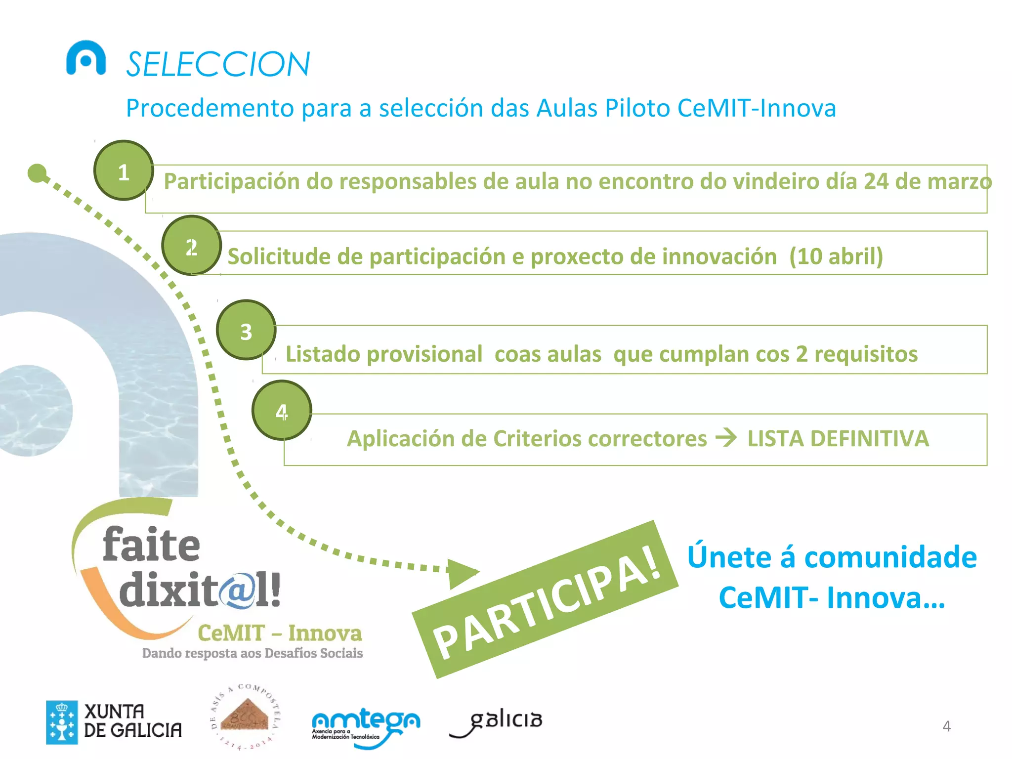 4
SELECCION
Únete á comunidade
CeMIT- Innova…
Participación do responsables de aula no encontro do vindeiro día 24 de marzo
Solicitude de participación e proxecto de innovación (10 abril)
Listado provisional coas aulas que cumplan cos 2 requisitos
Aplicación de Criterios correctores  LISTA DEFINITIVA
1
2
3
4
Procedemento para a selección das Aulas Piloto CeMIT-Innova
PARTICIPA!
 