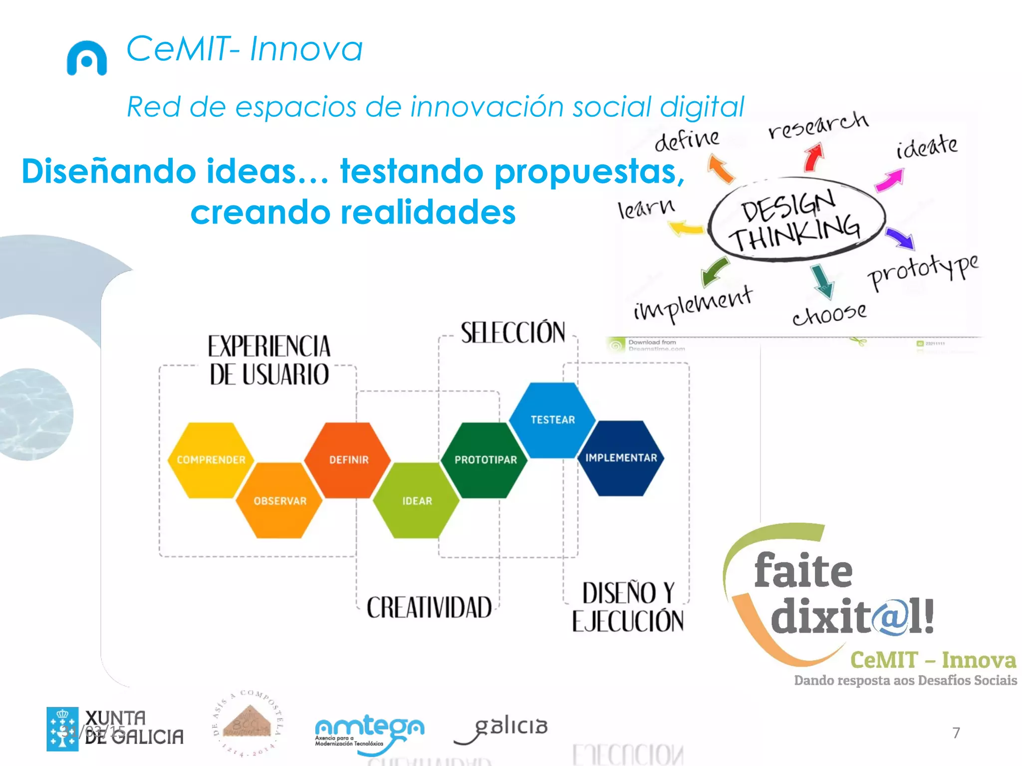 731/03/15
Red de espacios de innovación social digital
CeMIT- Innova
Diseñando ideas… testando propuestas,
creando realidades
 