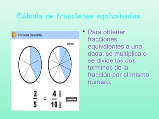 Cálculo de fracciones equivalentes.
Para obtener
fracciones
equivalentes a una
dada, se multiplica o
se divide los dos
terminos de la
fracción por el mismo
número.