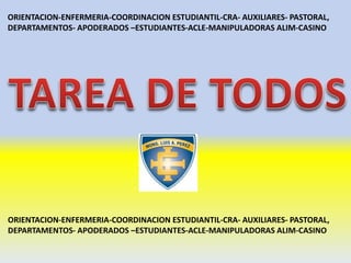 ORIENTACION-ENFERMERIA-COORDINACION ESTUDIANTIL-CRA- AUXILIARES- PASTORAL,
DEPARTAMENTOS- APODERADOS –ESTUDIANTES-ACLE-MANIPULADORAS ALIM-CASINO
ORIENTACION-ENFERMERIA-COORDINACION ESTUDIANTIL-CRA- AUXILIARES- PASTORAL,
DEPARTAMENTOS- APODERADOS –ESTUDIANTES-ACLE-MANIPULADORAS ALIM-CASINO
 