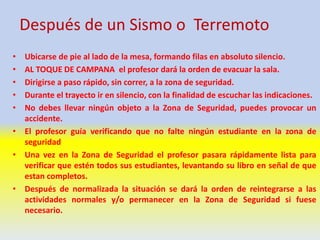 Después de un Sismo o Terremoto
• Ubicarse de pie al lado de la mesa, formando filas en absoluto silencio.
• AL TOQUE DE CAMPANA el profesor dará la orden de evacuar la sala.
• Dirigirse a paso rápido, sin correr, a la zona de seguridad.
• Durante el trayecto ir en silencio, con la finalidad de escuchar las indicaciones.
• No debes llevar ningún objeto a la Zona de Seguridad, puedes provocar un
accidente.
• El profesor guía verificando que no falte ningún estudiante en la zona de
seguridad
• Una vez en la Zona de Seguridad el profesor pasara rápidamente lista para
verificar que estén todos sus estudiantes, levantando su libro en señal de que
estan completos.
• Después de normalizada la situación se dará la orden de reintegrarse a las
actividades normales y/o permanecer en la Zona de Seguridad si fuese
necesario.
 
