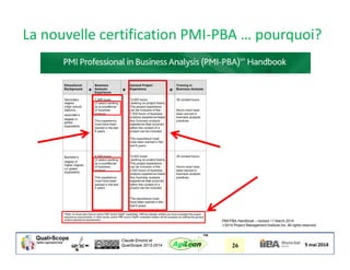 Claude Emond et
QualiScope 2013-2014 26AgiLean
™
La nouvelle certification PMI-PBA … pourquoi?
 