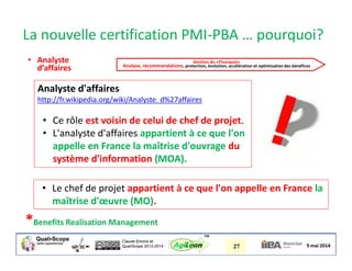Claude Emond et
QualiScope 2013-2014 27AgiLean
™
*Benefits Realisation Management
Analyste d'affaires
http://fr.wikipedia.org/wiki/Analyste_d%27affaires
• Ce rôle est voisin de celui de chef de projet.
• L'analyste d'affaires appartient à ce que l'on
appelle en France la maîtrise d'ouvrage du
système d'information (MOA).
• Analyste
d’affaires
Gestion du «Pourquoi»
Analyse, recommandations, protection, évolution, accélération et optimisation des bénéfices
• Le chef de projet appartient à ce que l'on appelle en France la
maîtrise d'œuvre (MO).
La nouvelle certification PMI-PBA … pourquoi?
 