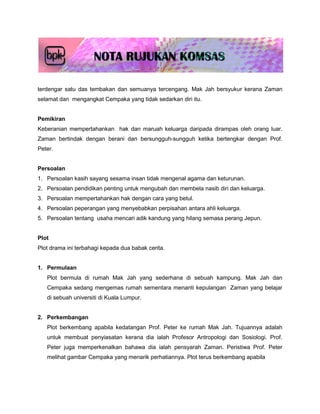 terdengar satu das tembakan dan semuanya tercengang. Mak Jah bersyukur kerana Zaman
selamat dan mengangkat Cempaka yang tidak sedarkan diri itu.


Pemikiran
Keberanian mempertahankan hak dan maruah keluarga daripada dirampas oleh orang luar.
Zaman bertindak dengan berani dan bersungguh-sungguh ketika bertengkar dengan Prof.
Peter.


Persoalan
1. Persoalan kasih sayang sesama insan tidak mengenal agama dan keturunan.
2. Persoalan pendidikan penting untuk mengubah dan membela nasib diri dan keluarga.
3. Persoalan mempertahankan hak dengan cara yang betul.
4. Persoalan peperangan yang menyebabkan perpisahan antara ahli keluarga.
5. Persoalan tentang usaha mencari adik kandung yang hilang semasa perang Jepun.


Plot
Plot drama ini terbahagi kepada dua babak cerita.


1. Permulaan
   Plot bermula di rumah Mak Jah yang sederhana di sebuah kampung. Mak Jah dan
   Cempaka sedang mengemas rumah sementara menanti kepulangan Zaman yang belajar
   di sebuah universiti di Kuala Lumpur.


2. Perkembangan
   Plot berkembang apabila kedatangan Prof. Peter ke rumah Mak Jah. Tujuannya adalah
   untuk membuat penyiasatan kerana dia ialah Profesor Antropologi dan Sosiologi. Prof.
   Peter juga memperkenalkan bahawa dia ialah pensyarah Zaman. Peristiwa Prof. Peter
   melihat gambar Cempaka yang menarik perhatiannya. Plot terus berkembang apabila
 