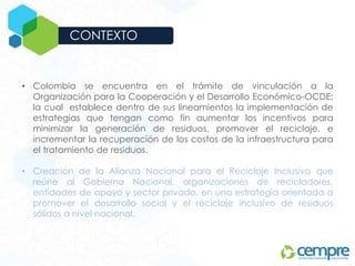 • Colombia se encuentra en el trámite de vinculación a la
Organización para la Cooperación y el Desarrollo Económico-OCDE;
la cual establece dentro de sus lineamientos la implementación de
estrategias que tengan como fin aumentar los incentivos para
minimizar la generación de residuos, promover el reciclaje, e
incrementar la recuperación de los costos de la infraestructura para
el tratamiento de residuos.
• Creación de la Alianza Nacional para el Reciclaje Inclusivo que
reúne al Gobierno Nacional, organizaciones de recicladores,
entidades de apoyo y sector privado, en una estrategia orientada a
promover el desarrollo social y el reciclaje inclusivo de residuos
sólidos a nivel nacional.
CONTEXTO
 