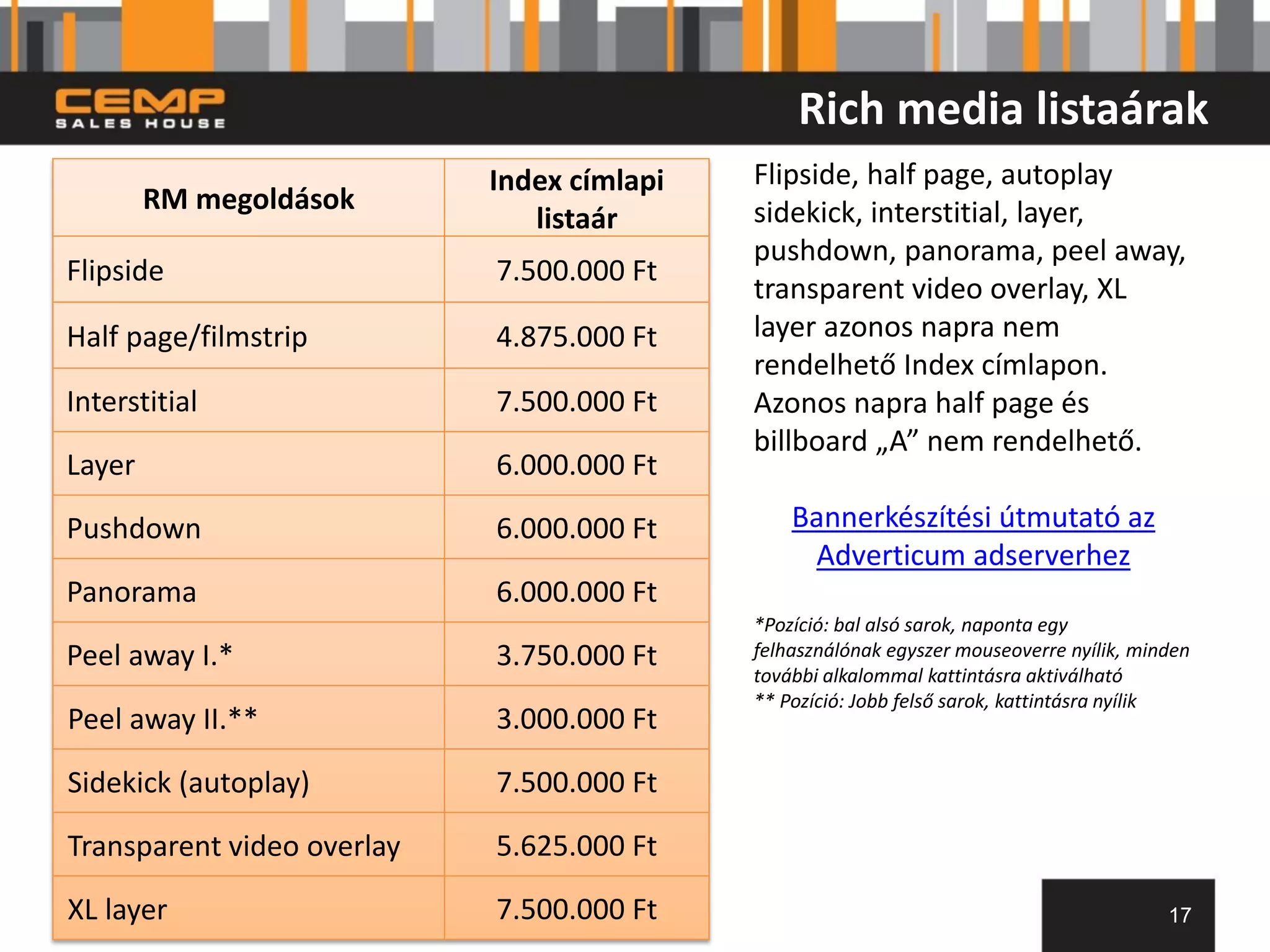 Rich media listaárak
                            Index címlapi   Flipside, half page, autoplay
        RM megoldások                       sidekick, interstitial, layer,
                               listaár
                                            pushdown, panorama, peel away,
Flipside                    7.500.000 Ft
                                            transparent video overlay, XL
Half page/filmstrip         4.875.000 Ft    layer azonos napra nem
                                            rendelhető Index címlapon.
Interstitial                7.500.000 Ft    Azonos napra half page és
                                            billboard „A” nem rendelhető.
Layer                       6.000.000 Ft
Pushdown                    6.000.000 Ft        Bannerkészítési útmutató az
                                                 Adverticum adserverhez
Panorama                    6.000.000 Ft
                                            *Pozíció: bal alsó sarok, naponta egy
Peel away I.*               3.750.000 Ft    felhasználónak egyszer mouseoverre nyílik, minden
                                            további alkalommal kattintásra aktiválható
                                            ** Pozíció: Jobb felső sarok, kattintásra nyílik
Peel away II.**             3.000.000 Ft

Sidekick (autoplay)         7.500.000 Ft

Transparent video overlay   5.625.000 Ft

XL layer                    7.500.000 Ft                                                  17
 