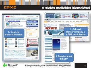 A síelés melléklet kiemelései




                                                            5. C-Travel
  5. Ongo.hu                                             Bannerkampány a
Bannerkampány*                                           CEMP portfolioban




                                               6. Blog.hu sport
                                                    blogok*


                 * Főszponzori logóval brandelhető megjelenés!           5
 