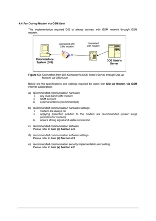 4.4 For Dial-up Modem via GSM User
This implementation required DIS to always connect with GSM network through GSM
modem.
Data Interface
System (DIS)
DOE State’s
Server
connected with
GSM modem
connected
with modem
Figure 4.3: Connection from DIS Computer to DOE State’s Server through Dial-up
Modem via GSM User
Below are the specifications and settings required for users with Dial-up Modem via GSM
internet subscription:
a) recommended communication hardware
i. any dual-band GSM modem
ii. GSM account
iii. external antenna (recommended)
b) recommended communication hardware settings
i. modem are always on
ii. applying protection solution to the modem are recommended (power surge
protection for modem)
iii. ensure strong signal and stable connection
c) recommended communication software
Please refer to item (c) Section 4.3
d) recommended communication software settings
Please refer to item (d) Section 4.3
e) recommended communication security implementation and setting
Please refer to item (e) Section 4.2
Department of Environment Malaysia 24
 