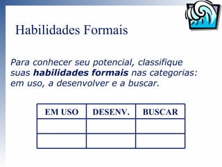 Habilidades Formais

Para conhecer seu potencial, classifique
suas habilidades formais nas categorias:
em uso, a desenvolver e a buscar.


       EM USO    DESENV.    BUSCAR
 