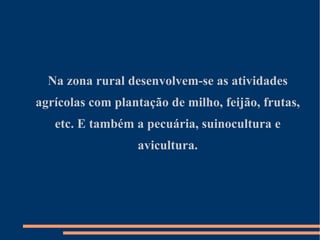 Na zona rural desenvolvem-se as atividades agrícolas com plantação de milho, feijão, frutas, etc. E também a pecuária, suinocultura e avicultura. 