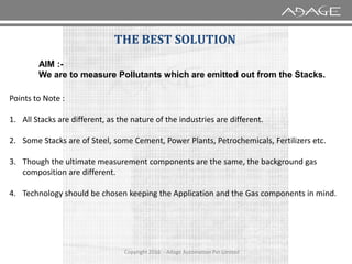 Points to Note :
1. All Stacks are different, as the nature of the industries are different.
THE BEST SOLUTION
AIM :-
We are to measure Pollutants which are emitted out from the Stacks.
Copyright 2016 - Adage Automation Pvt Limited
2. Some Stacks are of Steel, some Cement, Power Plants, Petrochemicals, Fertilizers etc.
3. Though the ultimate measurement components are the same, the background gas
composition are different.
4. Technology should be chosen keeping the Application and the Gas components in mind.
 
