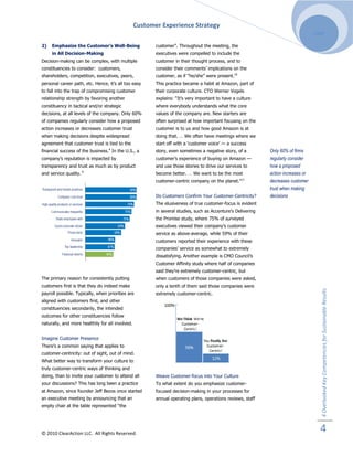 Customer Experience Strategy
                                                                                                                                    2009

2)   Emphasize the Customer’s Well-Being                 customer”. Throughout the meeting, the
     in All Decision-Making                              executives were compelled to include the
Decision-making can be complex, with multiple            customer in their thought process, and to
constituencies to consider: customers,                   consider their comments’ implications on the
shareholders, competition, executives, peers,            customer, as if “he/she” were present.10
personal career path, etc. Hence, it’s all too easy      This practice became a habit at Amazon, part of
to fall into the trap of compromising customer           their corporate culture. CTO Werner Vogels
relationship strength by favoring another                explains: “It’s very important to have a culture
constituency in tactical and/or strategic                where everybody understands what the core
decisions, at all levels of the company. Only 60%        values of the company are. New starters are
of companies regularly consider how a proposed           often surprised at how important focusing on the
action increases or decreases customer trust             customer is to us and how good Amazon is at
when making decisions despite widespread                 doing that. … We often have meetings where we
agreement that customer trust is tied to the             start off with a ‘customer voice’ — a success
                                  4
financial success of the business. In the U.S., a        story, even sometimes a negative story, of a         Only 60% of firms
company’s reputation is impacted by                      customer’s experience of buying on Amazon —          regularly consider
transparency and trust as much as by product             and use those stories to drive our services to       how a proposed
and service quality. 9                                   become better. … We want to be the most              action increases or
                                                         customer-centric company on the planet.”11           decreases customer
                                                                                                              trust when making
                                                         Do Customers Confirm Your Customer-Centricity?       decisions
                                                         The elusiveness of true customer-focus is evident
                                                         in several studies, such as Accenture’s Delivering
                                                         the Promise study, where 75% of surveyed
                                                         executives viewed their company’s customer
                                                         service as above-average, while 59% of their
                                                         customers reported their experience with these
                                                         companies’ service as somewhat to extremely
                                                         dissatisfying. Another example is CMO Council’s
                                                         Customer Affinity study where half of companies
                                                         said they’re extremely customer-centric, but
The primary reason for consistently putting              when customers of those companies were asked,
customers first is that they do indeed make              only a tenth of them said those companies were




                                                                                                                                       4 Overlooked Key Competencies for Sustainable Results
payroll possible. Typically, when priorities are         extremely customer-centric.
aligned with customers first, and other
constituencies secondarily, the intended
outcomes for other constituencies follow
naturally, and more healthily for all involved.


Imagine Customer Presence
There’s a common saying that applies to
customer-centricity: out of sight, out of mind.
What better way to transform your culture to
truly customer-centric ways of thinking and
doing, than to invite your customer to attend all        Weave Customer-focus into Your Culture
your discussions? This has long been a practice          To what extent do you emphasize customer-
at Amazon, since founder Jeff Bezos once started         focused decision-making in your processes for
an executive meeting by announcing that an               annual operating plans, operations reviews, staff
empty chair at the table represented “the




© 2010 ClearAction LLC. All Rights Reserved.
                                                                                                                                      4
 