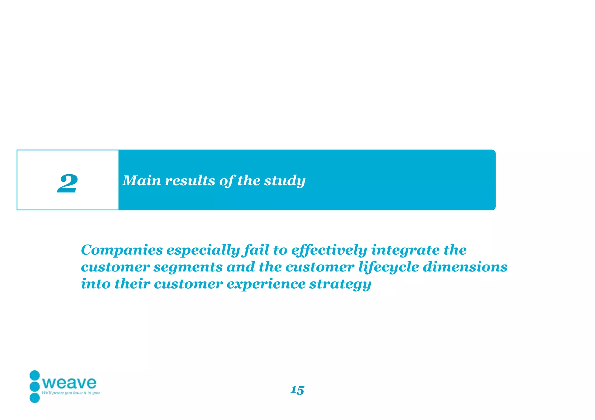 15
Main results of the study
2
Companies especially fail to effectively integrate the
customer segments and the customer lifecycle dimensions
into their customer experience strategy
 
