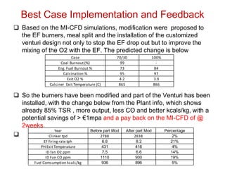 Best Case Implementation and Feedback
 Based on the MI-CFD simulations, modification were proposed to
  the EF burners, meal split and the installation of the customized
  venturi design not only to stop the EF drop out but to improve the
  mixing of the O2 with the EF. The predicted change is below
                            Case                  70/30         100%
                     Coal Burnout (%)               99            -
                    Eng. Fuel Burnout %             73           84
                       Calcination %                95           97
                          Exit O2 %                4.2           3.9
               Calciner Exit Temperature (C)       865           866

 So the burners have been modified and part of the Venturi has been
  installed, with the change below from the Plant info, which shows
  already 85% TSR , more output, less CO and better kcals/kg, with a
  potential savings of > €1mpa and a pay back on the MI-CFD of @
  2weeks
                Year       Before part Mod After part Mod Percentage
            Clinker tpd        2788            2838          2%
             EF firing rate tph             6.8           8.2          21%
           PH Exit Temperature              431           416           4%
              ID fan O2 ppm                 7.5           6.6          14%
              ID Fan CO ppm                1110           930          19%
       Fuel Comsumption kcals/kg            936           896           5%
 