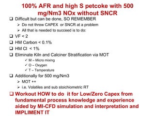 100% AFR and high S petcoke with 500
           mg/Nm3 NOx without SNCR
 Difficult but can be done, SO REMEMBER
      Do not throw CAPEX or SNCR at a problem
      All that is needed to succeed is to do:
   VF < 2
   HM Carbon < 0.1%
   HM Cl < 1%
   Eliminate Kiln and Calciner Stratification via MOT
          M – Micro mixing
          O – Oxygen
          T – Temperature
 Additionally for 500 mg/Nm3
      MOT ++
      i.e. Volatiles and sub stoichiometric RT
 Workout HOW to do it for Low/Zero Capex from
  fundamental process knowledge and experience
  aided by MI-CFD simulation and interpretation and
  IMPLIMENT IT
 