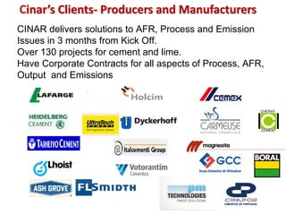 Cinar’s Clients- Producers and Manufacturers
CINAR delivers solutions to AFR, Process and Emission
Issues in 3 months from Kick Off.
Over 130 projects for cement and lime.
Have Corporate Contracts for all aspects of Process, AFR,
Output and Emissions


                                                        CHERAT




                                                        CEMENT
 