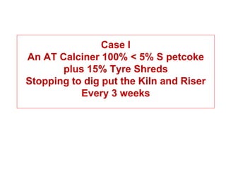 Case I
An AT Calciner 100% < 5% S petcoke
       plus 15% Tyre Shreds
Stopping to dig put the Kiln and Riser
           Every 3 weeks
 