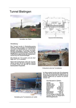 Tunnel Bietingen
Herstellung der Tunnelwände und -sohle
Erdaushub unter der Tunneldecke
Herstellen der Pfähle
Im Bauzustand wurde das Grundwasser
bis unter die Aushubsohle abgesenkt. Im
Endzustand bindet der Tunnel an seiner
tiefsten Stelle bis zur Decke ins Grund-
wasser ein.
Herstellung:
Der Tunnel wurde in Deckelbauweise
erstellt. Hierzu wurden im Achsabstand
von 2,50 m Bohrpfähle (∅ 1,20 m) her-
gestellt, die dann mit einem durchge-
henden Kopfbalken verbunden wurden.
Ausgefacht mit Einkornbeton, dienen die
Pfahlwände gleichzeitig als Baugruben-
sicherung und Deckenauflager.
Die Decke ist 1,0 m dick und am Auf-
lager auf 1,8 m verstärkt.
Nach dem Erdaushub unter der Tunnel-
decke wurden die 40 cm starken Wände
in einem Guss mit der 80 cm dicken
Bodenplatte hergestellt.
Querschnitt Einfahrtstrog
Das Bauwerk in Zahlen:
Länge 253 m
Rampe Ost 85 m
Rampe West 62 m
lichte Weite 12,25 m
Erdaushub 25.000 m³
Beton 14.500 m³
Stahl 1.300 t
Abdichtung 5.000 m²
Bohrpfähle 242 St.
(14 m Länge im Bereich des
Tunnel, bis 21 m Länge beim
Betriebsgebäude)
 