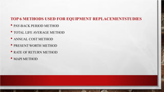 TOP 6 METHODS USED FOR EQUIPMENT REPLACEMENTSTUDIES
• PAY-BACK PERIOD METHOD
• TOTAL LIFE AVERAGE METHOD
• ANNUAL COST METHOD
• PRESENT WORTH METHOD
• RATE OF RETURN METHOD
• MAPI METHOD
 