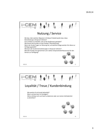 26.03.14	
  
9	
  
	
  
Nutzung	
  /	
  Service	
  
	
  
24.03.14	
   17	
  
Wo	
  bzw.	
  über	
  welchen	
  Weg	
  kann	
  ich	
  dieses	
  Produkt	
  kaufen	
  bzw.	
  diese	
  
Dienstleistung	
  in	
  Anspruch	
  nehmen?	
  	
  
Ist	
  es	
  einfach	
  zu	
  Erwerben,	
  wie	
  ist	
  der	
  Kaufprozess	
  gestaltet?	
  	
  
Wie	
  kommt	
  der	
  Kunden	
  an	
  das	
  Produkt	
  /	
  Dienstleistung?	
  
Wenn	
  der	
  Kunde	
  Fragen	
  zur	
  Nutzung	
  hat,	
  auf	
  welchem	
  Wege	
  werden	
  ihm	
  diese	
  zur	
  
Verfügung	
  gestellt?	
  	
  
Wie	
  kann	
  der	
  Kunde	
  Serviceleistungen	
  in	
  Anspruch	
  nehmen?	
  	
  
Wird	
  der	
  Kunde	
  ernst	
  genommen	
  und	
  	
  stehen	
  entsprechende	
  Ressourcen	
  für	
  den	
  
Service	
  zur	
  Verfügung?	
  	
  
Interesse	
  
Bewertung	
  
Kauf	
  Service	
  
Loyalität	
  
	
  
	
  
	
  
24.03.14	
   18	
  
Wie	
  werde	
  ich	
  als	
  Kunde	
  behandelt?	
  	
  
Wann	
  und	
  wie	
  kann	
  ich	
  kündigen?	
  	
  
Gibt	
  es	
  Anlässe	
  sich	
  zum	
  Kauf	
  zu	
  bekennen	
  oder	
  von	
  meiner	
  Zufriedenheit	
  
zu	
  berichten?	
  
Loyalität	
  /	
  Treue	
  /	
  Kundenbindung	
  
Interesse	
  
Bewertung	
  
Kauf	
  Service	
  
Loyalität	
  
 