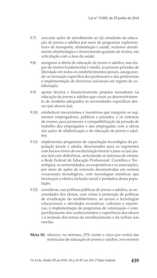 Cad. de Educ., Brasília/DF, ano XVIII, v.28, p. 411-457, nov. 2014. 2ª Edição Ampliada 439
Lei nº 13.005, de 25 junho de 2014
9.7) 	 executar ações de atendimento ao (à) estudante da educa-
ção de jovens e adultos por meio de programas suplemen-
tares de transporte, alimentação e saúde, inclusive atendi-
mento oftalmológico e fornecimento gratuito de óculos, em
articulação com a área da saúde;
9.8) 	 assegurar a oferta de educação de jovens e adultos, nas eta-
pas de ensino fundamental e médio, às pessoas privadas de
liberdade em todos os estabelecimentos penais, asseguran-
do-se formação específica dos professores e das professoras
e implementação de diretrizes nacionais em regime de co-
laboração;
9.9) 	 apoiar técnica e financeiramente projetos inovadores na
educação de jovens e adultos que visem ao desenvolvimen-
to de modelos adequados às necessidades específicas des-
ses (as) alunos (as);
9.10) 	 estabelecer mecanismos e incentivos que integrem os seg-
mentos empregadores, públicos e privados, e os sistemas
de ensino, para promover a compatibilização da jornada de
trabalho dos empregados e das empregadas com a oferta
das ações de alfabetização e de educação de jovens e adul-
tos;
9.11) 	 implementar programas de capacitação tecnológica da po-
pulação jovem e adulta, direcionados para os segmentos
com baixos níveis de escolarização formal e para os (as) alu-
nos (as) com deficiência, articulando os sistemas de ensino,
a Rede Federal de Educação Profissional, Científica e Tec-
nológica, as universidades, as cooperativas e as associações,
por meio de ações de extensão desenvolvidas em centros
vocacionais tecnológicos, com tecnologias assistivas que
favoreçam a efetiva inclusão social e produtiva dessa popu-
lação;
9.12) 	 considerar, nas políticas públicas de jovens e adultos, as ne-
cessidades dos idosos, com vistas à promoção de políticas
de erradicação do analfabetismo, ao acesso a tecnologias
educacionais e atividades recreativas, culturais e esporti-
vas, à implementação de programas de valorização e com-
partilhamento dos conhecimentos e experiência dos idosos
e à inclusão dos temas do envelhecimento e da velhice nas
escolas.
Meta 10: 	oferecer, no mínimo, 25% (vinte e cinco por cento) das
matrículas de educação de jovens e adultos, nos ensinos
 