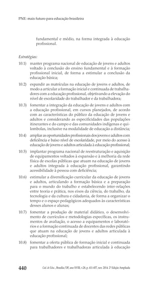 Cad. de Educ., Brasília/DF, ano XVIII, v.28, p. 411-457, nov. 2014. 2ª Edição Ampliada440
PNE: mais futuro para educação brasileira
fundamental e médio, na forma integrada à educação
profissional.
Estratégias:
10.1) 	 manter programa nacional de educação de jovens e adultos
voltado à conclusão do ensino fundamental e à formação
profissional inicial, de forma a estimular a conclusão da
educação básica;
10.2) 	 expandir as matrículas na educação de jovens e adultos, de
modo a articular a formação inicial e continuada de trabalha-
dores com a educação profissional, objetivando a elevação do
nível de escolaridade do trabalhador e da trabalhadora;
10.3) 	 fomentar a integração da educação de jovens e adultos com
a educação profissional, em cursos planejados, de acordo
com as características do público da educação de jovens e
adultos e considerando as especificidades das populações
itinerantes e do campo e das comunidades indígenas e qui-
lombolas, inclusive na modalidade de educação a distância;
10.4) 	 ampliarasoportunidadesprofissionaisdosjovenseadultoscom
deficiência e baixo nível de escolaridade, por meio do acesso à
educação de jovens e adultos articulada à educação profissional;
10.5) 	 implantar programa nacional de reestruturação e aquisição
de equipamentos voltados à expansão e à melhoria da rede
física de escolas públicas que atuam na educação de jovens
e adultos integrada à educação profissional, garantindo
acessibilidade à pessoa com deficiência;
10.6) 	 estimular a diversificação curricular da educação de jovens
e adultos, articulando a formação básica e a preparação
para o mundo do trabalho e estabelecendo inter-relações
entre teoria e prática, nos eixos da ciência, do trabalho, da
tecnologia e da cultura e cidadania, de forma a organizar o
tempo e o espaço pedagógicos adequados às características
desses alunos e alunas;
10.7) 	fomentar a produção de material didático, o desenvolvi-
mento de currículos e metodologias específicas, os instru-
mentos de avaliação, o acesso a equipamentos e laborató-
rios e a formação continuada de docentes das redes públicas
que atuam na educação de jovens e adultos articulada à
educação profissional;
10.8) 	 fomentar a oferta pública de formação inicial e continuada
para trabalhadores e trabalhadoras articulada à educação
 