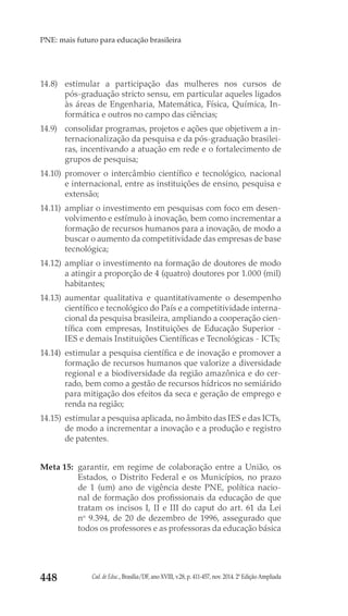 Cad. de Educ., Brasília/DF, ano XVIII, v.28, p. 411-457, nov. 2014. 2ª Edição Ampliada448
PNE: mais futuro para educação brasileira
14.8) 	estimular a participação das mulheres nos cursos de
pós-graduação stricto sensu, em particular aqueles ligados
às áreas de Engenharia, Matemática, Física, Química, In-
formática e outros no campo das ciências;
14.9) 	 consolidar programas, projetos e ações que objetivem a in-
ternacionalização da pesquisa e da pós-graduação brasilei-
ras, incentivando a atuação em rede e o fortalecimento de
grupos de pesquisa;
14.10) 	promover o intercâmbio científico e tecnológico, nacional
e internacional, entre as instituições de ensino, pesquisa e
extensão;
14.11) 	ampliar o investimento em pesquisas com foco em desen-
volvimento e estímulo à inovação, bem como incrementar a
formação de recursos humanos para a inovação, de modo a
buscar o aumento da competitividade das empresas de base
tecnológica;
14.12) 	ampliar o investimento na formação de doutores de modo
a atingir a proporção de 4 (quatro) doutores por 1.000 (mil)
habitantes;
14.13) 	aumentar qualitativa e quantitativamente o desempenho
científico e tecnológico do País e a competitividade interna-
cional da pesquisa brasileira, ampliando a cooperação cien-
tífica com empresas, Instituições de Educação Superior -
IES e demais Instituições Científicas e Tecnológicas - ICTs;
14.14) 	estimular a pesquisa científica e de inovação e promover a
formação de recursos humanos que valorize a diversidade
regional e a biodiversidade da região amazônica e do cer-
rado, bem como a gestão de recursos hídricos no semiárido
para mitigação dos efeitos da seca e geração de emprego e
renda na região;
14.15) 	estimular a pesquisa aplicada, no âmbito das IES e das ICTs,
de modo a incrementar a inovação e a produção e registro
de patentes.
Meta 15: 	garantir, em regime de colaboração entre a União, os
Estados, o Distrito Federal e os Municípios, no prazo
de 1 (um) ano de vigência deste PNE, política nacio-
nal de formação dos profissionais da educação de que
tratam os incisos I, II e III do caput do art. 61 da Lei
no
 9.394, de 20 de dezembro de 1996, assegurado que
todos os professores e as professoras da educação básica
 