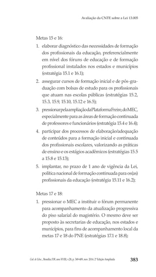 Cad. de Educ., Brasília/DF, ano XVIII, v.28, p. 349-409, nov. 2014. 2ª Edição Ampliada 383
Avaliação da CNTE sobre a Lei 13.005
Metas 15 e 16:
1.	 elaborar diagnóstico das necessidades de formação
dos profissionais da educação, preferencialmente
em nível dos fóruns de educação e de formação
profissional instalados nos estados e municípios
(estratégia 15.1 e 16.1);
2.	 assegurar cursos de formação inicial e de pós-gra-
duação com bolsas de estudo para os profissionais
que atuam nas escolas públicas (estratégias 15.2,
15.3, 15.9, 15.10, 15.12 e 16.5);
3.	 pressionarpelaampliaçãodaPlataformaFreire,doMEC,
especialmenteparaasáreasdeformaçãocontinuada
de professores e funcionários (estratégia 15.4 e 16.4);
4.	 participar dos processos de elaboração/adequação
de conteúdos para a formação inicial e continuada
dos profissionais escolares, valorizando as práticas
de ensino e os estágios acadêmicos (estratégias 15.5
a 15.8 e 15.13);
5.	 implantar, no prazo de 1 ano de vigência da Lei,
política nacional de formação continuada para os(as)
profissionais da educação (estratégia 15.11 e 16.2);
Metas 17 e 18:
1.	 pressionar o MEC a instituir o fórum permanente
para acompanhamento da atualização progressiva
do piso salarial do magistério. O mesmo deve ser
proposto às secretarias de educação, nos estados e
municípios, para fins de acompanhamento local da
metas 17 e 18 do PNE (estratégias 17.1 e 18.8);
 
