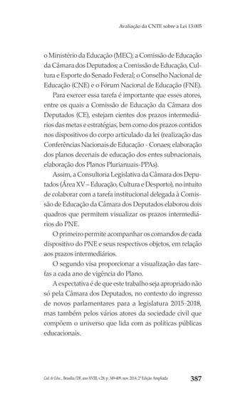 Cad. de Educ., Brasília/DF, ano XVIII, v.28, p. 349-409, nov. 2014. 2ª Edição Ampliada 387
Avaliação da CNTE sobre a Lei 13.005
o Ministério da Educação (MEC); a Comissão de Educação
da Câmara dos Deputados; a Comissão de Educação, Cul-
tura e Esporte do Senado Federal; o Conselho Nacional de
Educação (CNE) e o Fórum Nacional de Educação (FNE).
Para exercer essa tarefa é importante que esses atores,
entre os quais a Comissão de Educação da Câmara dos
Deputados (CE), estejam cientes dos prazos intermediá-
rios das metas e estratégias, bem como dos prazos contidos
nos dispositivos do corpo articulado da lei (realização das
Conferências Nacionais de Educação - Conaes; elaboração
dos planos decenais de educação dos entes subnacionais,
elaboração dos Planos Plurianuais-PPAs).
Assim, a Consultoria Legislativa da Câmara dos Depu-
tados (Área XV – Educação, Cultura e Desporto), no intuito
de colaborar com a tarefa institucional delegada à Comis-
são de Educação da Câmara dos Deputados elaborou dois
quadros que permitem visualizar os prazos intermediá-
rios do PNE.
O primeiro permite acompanhar os comandos de cada
dispositivo do PNE e seus respectivos objetos, em relação
aos prazos intermediários.
O segundo visa proporcionar a visualização das tare-
fas a cada ano de vigência do Plano.
A expectativa é de que este trabalho seja apropriado não
só pela Câmara dos Deputados, no contexto do ingresso
de novos parlamentares para a legislatura 2015-2018,
mas também pelos vários atores da sociedade civil que
compõem o universo que lida com as políticas públicas
educacionais.
 