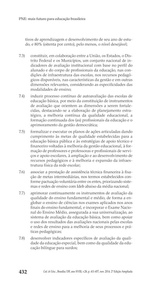 Cad. de Educ., Brasília/DF, ano XVIII, v.28, p. 411-457, nov. 2014. 2ª Edição Ampliada432
PNE: mais futuro para educação brasileira
tivos de aprendizagem e desenvolvimento de seu ano de estu-
do, e 80% (oitenta por cento), pelo menos, o nível desejável;
7.3) 	 constituir, em colaboração entre a União, os Estados, o Dis-
trito Federal e os Municípios, um conjunto nacional de in-
dicadores de avaliação institucional com base no perfil do
alunado e do corpo de profissionais da educação, nas con-
dições de infraestrutura das escolas, nos recursos pedagó-
gicos disponíveis, nas características da gestão e em outras
dimensões relevantes, considerando as especificidades das
modalidades de ensino;
7.4) 	 induzir processo contínuo de autoavaliação das escolas de
educação básica, por meio da constituição de instrumentos
de avaliação que orientem as dimensões a serem fortale-
cidas, destacando-se a elaboração de planejamento estra-
tégico, a melhoria contínua da qualidade educacional, a
formação continuada dos (as) profissionais da educação e o
aprimoramento da gestão democrática;
7.5) 	 formalizar e executar os planos de ações articuladas dando
cumprimento às metas de qualidade estabelecidas para a
educação básica pública e às estratégias de apoio técnico e
financeiro voltadas à melhoria da gestão educacional, à for-
mação de professores e professoras e profissionais de servi-
ços e apoio escolares, à ampliação e ao desenvolvimento de
recursos pedagógicos e à melhoria e expansão da infraes-
trutura física da rede escolar;
7.6) 	 associar a prestação de assistência técnica financeira à fixa-
ção de metas intermediárias, nos termos estabelecidos con-
forme pactuação voluntária entre os entes, priorizando siste-
mas e redes de ensino com Ideb abaixo da média nacional;
7.7) 	 aprimorar continuamente os instrumentos de avaliação da
qualidade do ensino fundamental e médio, de forma a en-
globar o ensino de ciências nos exames aplicados nos anos
finais do ensino fundamental, e incorporar o Exame Nacio-
nal do Ensino Médio, assegurada a sua universalização, ao
sistema de avaliação da educação básica, bem como apoiar
o uso dos resultados das avaliações nacionais pelas escolas
e redes de ensino para a melhoria de seus processos e prá-
ticas pedagógicas;
7.8) 	 desenvolver indicadores específicos de avaliação da quali-
dade da educação especial, bem como da qualidade da edu-
cação bilíngue para surdos;
 