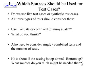 OHT 10.20
20
1. Which Sources Should be Used for
Test Cases?
• Do we use live test cases or synthetic test cases.
• All three types of tests should consider these.
• Use live data or contrived (dummy) data??
• What do you think??
• Also need to consider single / combined tests and
the number of tests.
• How about if the testing is top down? Bottom up?
What sources do you think might be needed then??
 