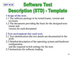 OHT 10.32
32
1 Scope of the tests
1.1 The software package to be tested (name, version and
revision)
1.2 The documents providing the basis for the designed tests
(name and
version for each document)
2 Test environment (for each test)
2.1 Test identification (the test details are documented in the
STP)
2.2 Detailed description of the operating system and hardware
configuration
and the required switch settings for the tests
2.3 Instructions for software loading
 