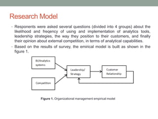 Research Model
• Responents were asked several questions (divided into 4 groups) about the
likelihood and freqency of using and implementation of analytics tools,
leadership strategies, the way they position to their customers, and finally
their opinion about external competition, in terms of analytical capabilities.
• Based on the results of survey, the emirical model is built as shown in the
figure 1.
Figure 1. Organizational management empirical model
 
