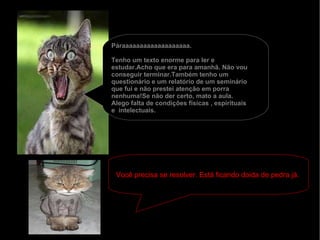 Páraaaaaaaaaaaaaaaaaaa. Tenho um texto enorme para ler e estudar.Acho que era para amanhã. Não vou conseguir terminar.Também tenho um questionário e um relatório de um seminário que fui e não prestei atenção em porra nenhuma!Se não der certo, mato a aula. Alego falta de condições físicas , espirituais e  intelectuais. Você precisa se resolver. Está ficando doida de pedra já.  