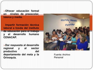 Ofrecer educación formal
en niveles de preescolar,
básica y media.

Impartir formación técnica
laboral a través del instituto
de educación para el trabajo
y el desarrollo humano
CENACAP.

Dar respuesta al desarrollo
regional   y   al   sector
productivo             del
departamento del meta y la       Fuente: Archivo
Orinoquia.                       Personal
 