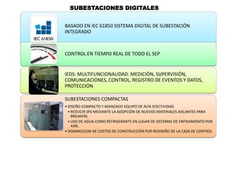 SUBESTACIONES DIGITALES


BASADO EN IEC 61850 SISTEMA DIGITAL DE SUBESTACIÓN
INTEGRADO



CONTROL EN TIEMPO REAL DE TODO EL SEP


IEDS: MULTIFUNCIONALIDAD: MEDICIÓN, SUPERVISIÓN,
COMUNICACIONES, CONTROL, REGISTRO DE EVENTOS Y DATOS,
PROTECCIÓN

SUBESTACIONES COMPACTAS
• DISEÑO COMPACTO Y AVANZADO EQUIPO DE ALTA EFECTIVIDAD
  • REDUCIR SF6 MEDIANTE LA ADOPCIÓN DE NUEVOS MATERIALES AISLANTES PARA
    BREAKERS
  • USO DE AGUA COMO REFRIGERANTE EN LUGAR DE SISTEMAS DE ENFRIAMIENTO POR
    AIRE.
• DISMINUCION DE COSTOS DE CONSTRUCCIÓN POR REDISEÑO DE LA CASA DE CONTROL
 