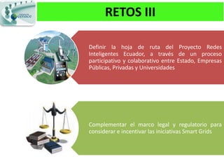 RETOS III

     Definir la hoja de ruta del Proyecto Redes
     Inteligentes Ecuador, a través de un proceso
     participativo y colaborativo entre Estado, Empresas
     Públicas, Privadas y Universidades




     Complementar el marco legal y regulatorio para
     considerar e incentivar las iniciativas Smart Grids



47
 