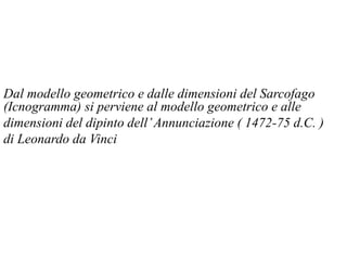 Dal modello geometrico e dalle dimensioni del Sarcofago
(Icnogramma) si perviene al modello geometrico e alle
dimensioni del dipinto dell’Annunciazione ( 1472-75 d.C. )
di Leonardo da Vinci
 