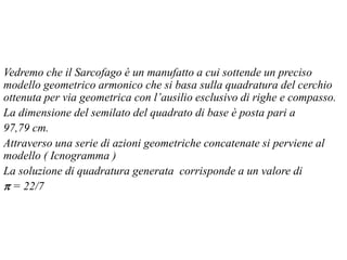 Vedremo che il Sarcofago è un manufatto a cui sottende un preciso
modello geometrico armonico che si basa sulla quadratura del cerchio
ottenuta per via geometrica con l’ausilio esclusivo di righe e compasso.
La dimensione del semilato del quadrato di base è posta pari a
97,79 cm.
Attraverso una serie di azioni geometriche concatenate si perviene al
modello ( Icnogramma )
La soluzione di quadratura generata corrisponde a un valore di
p = 22/7
 