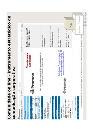 Comunidade on line - instrumento estratégico de
comunicação corporativa




                                             Portal




                                       Conteúdo   Processos
 