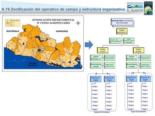 A.19 Zonificación del operativo de campo y estructura organizativa

                                                                                      Personal de campo: 81 por Equipo y
                                                                                             632 a nivel nacional



                                                                                                     Delegado
                                                                                                  Departamental (7)


                                                                                                                    Asistente
                                                                                    Asistente Técnico-
                                                                                                             Administrtativo-Logístico
                                                                                  Operativo Departamental
                                                                                                                Departamental




                                                                Delegado                                                                 Delegado
                                                                municipal                                                                Municipal


                                                  Asistente           Asistente Administrativo-                        Asistente               Asistente Administrativo-
                                               Metodológico (2)         Logístico Municipal                         Metodológico (2)             Logístico Municipal



                                               Re-enumeradores          Asistente Técnico-                         Re-enumeradores               Asistente Técnico-
                                                  (2 parejas)           Operativo Municipal                           (2 parejas)                Operativo Municipal




                                                Supervisor de               Supervisor de                             Supervisor de                  Supervisor de
                                                  Brigada                     Brigada                                   Brigada                        Brigada


                                                  Pareja 1                    Pareja 1                                   Pareja 1                      Pareja 1

                                                  Pareja 2                    Pareja 2                                   Pareja 2                      Pareja 2

                                                  Pareja 3                    Pareja 3                                   Pareja 3                      Pareja 3

                                                  Pareja 4                    Pareja 4                                   Pareja 4                      Pareja 4

                                                  Pareja 5                    Pareja 5                                   Pareja 5                      Pareja 5

                                                  Pareja 6                    Pareja 6                                   Pareja 6                      Pareja 6

                                                  Pareja 7                    Pareja 7                                   Pareja 7            Pareja 7
                                                    Equipos de Enumeradores                                                 Equipo de Enumeradores
 