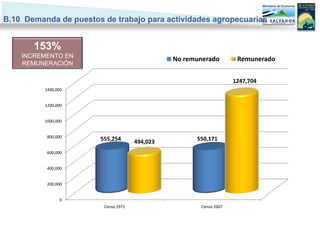B.10 Demanda de puestos de trabajo para actividades agropecuarias


       153%
    INCREMENTO EN
                                               No remunerado        Remunerado
    REMUNERACIÓN

                                                                   1247,704
          1400,000


          1200,000


          1000,000


           800,000
                       555,254       494,023         550,171

           600,000


           400,000


           200,000


                0
                        Censo 1971                    Censo 2007
 