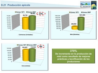 D.21 Producción apícola

                     Censo 1971       Censo 2007                      Censo 1971        Censo 2007
                                         68,902    17%
                             58,736                      1600,000
                                                                                    1401,860
    70,000
    60,000                                               1400,000
    50,000                                               1200,000
                                                         1000,000
    40,000
                                                          800,000
    30,000                                                             308,982
                                                          600,000
    20,000                                                400,000
     10,000                                                200,000
             0                                                   0


                       Colmenas (Unidades)                            Miel (Botellas)




                       Censo 1971   Censo 2007
                            104,483    112,924     8%
    120,000
    100,000
                                                                      370%
     80,000
     60,000
                                                         De incremento en la producción de
     40,000
                                                          miel como resultado de mejores
      20,000                                              prácticas y tecnificación de los
                 0                                                 productores
                           Cera (Libras)
 