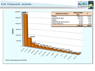 D.22 Producción acuícola


                        6000,000
                                       5576,526                                                                                PRODUCCIÓN
                                                                                            ESPECIE ACUÍCOLA                                   %
                                                                                                                                  LBS.
                                                                                     TILAPÍA                                       7,944,747    81.9%
                        5000,000
                                                                                     CAMARÓN DE MAR                                1,610,157    16.6%
                                                                                     SAMBO                                            57,570     0.6%
                                                                                     CAMARÓN DE AGUA DULCE                            33,450     0.3%
                        4000,000                                                     OTRAS ESPECIES                                   50,301     0.5%
                                                                                                                                   9,696,226   100.0%
               Libras




                        3000,000



                         2000,000
                                                  1500,082


                         1000,000
                                                    622,737
                                                           431,371
                                                                  298,077
                                                                        285,905
                                   0                                          252,333
                                                                                     219,747
                                                                                            159,807
                                                                                                      155,419
                                                                                                                126,798
                                                                                                                      51,958
                                                                                                                               9,144   6,324




   Fuente: IV Censo Agropecuario 2007-2008
 