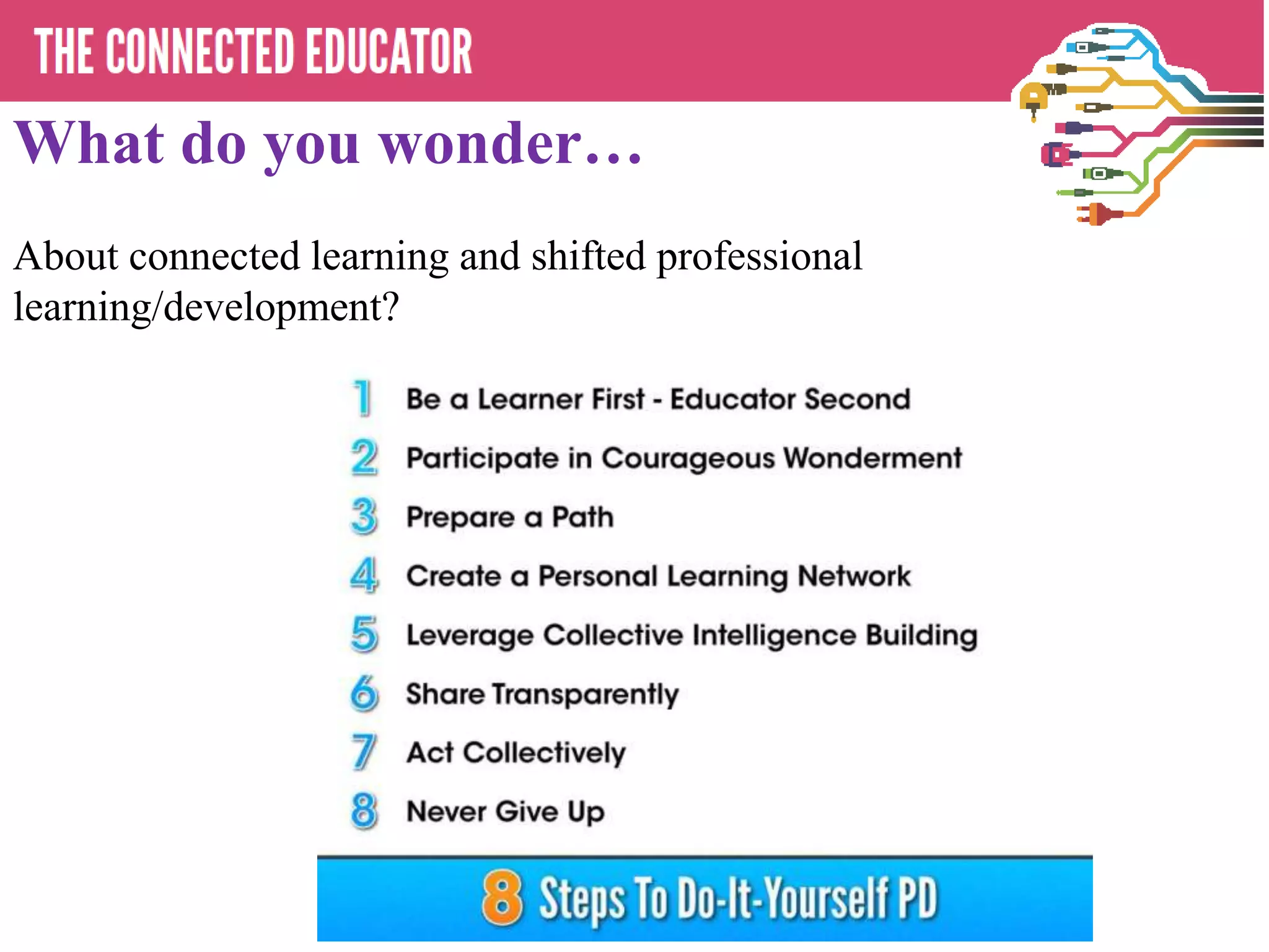 What do you wonder…
About connected learning and shifted professional
learning/development?
 