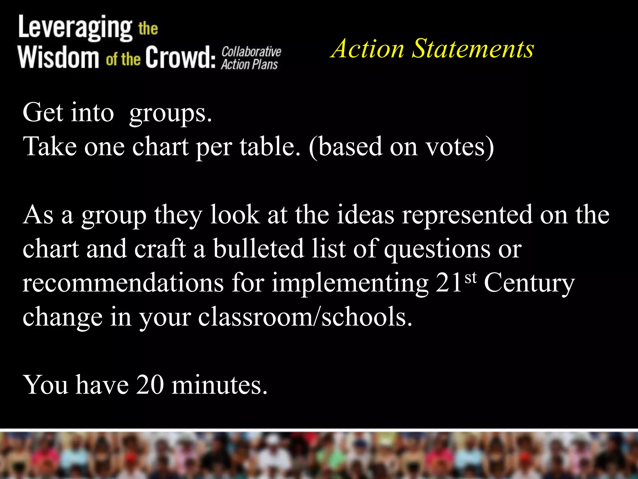 Action Statements

Get into groups.
Take one chart per table. (based on votes)

As a group they look at the ideas represented on the
chart and craft a bulleted list of questions or
recommendations for implementing 21st Century
change in your classroom/schools.

You have 20 minutes.
 